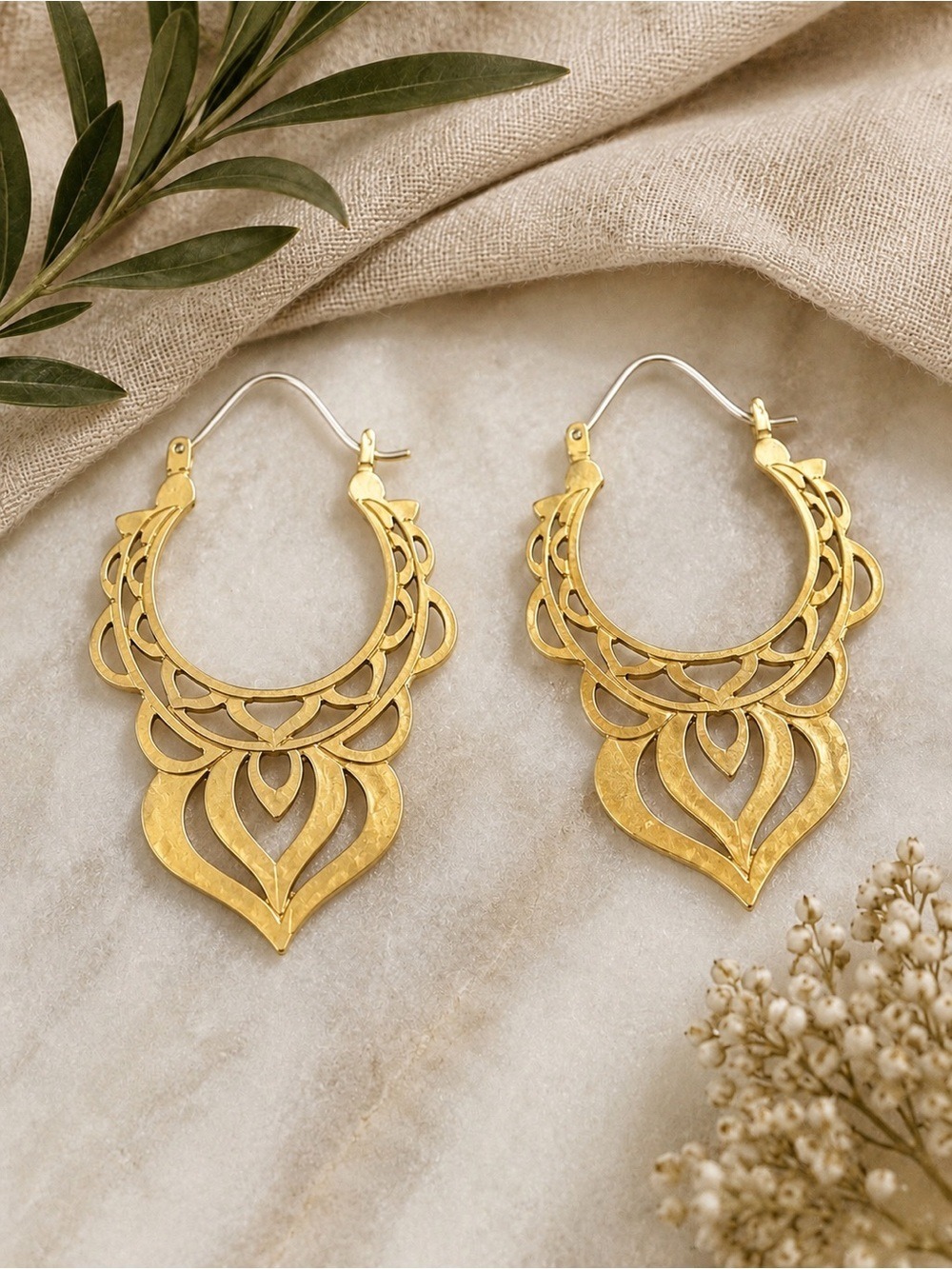 ✨Vintage Boho Brass Statement Filigree Hoop Earrings Tribal Lotus Mandala Design